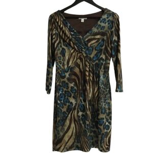 dressbarn Brown and Blue Animal Print Dress Size 8